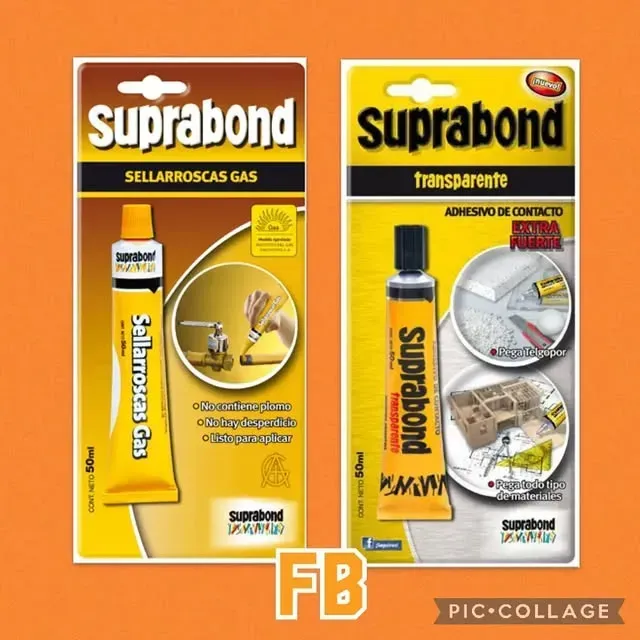 Dos envases de adhesivo Suprabond, uno amarillo y otro blanco, mostrados uno al lado del otro.