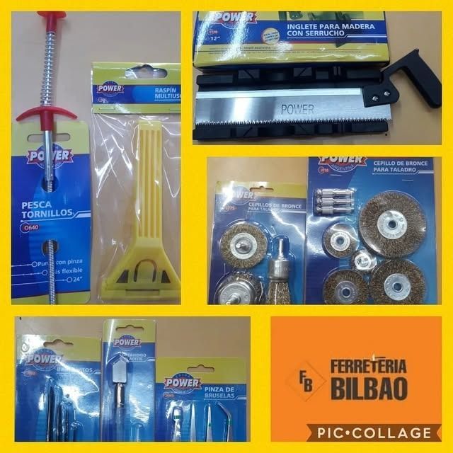 Surtido de herramientas y accesorios de ferretería en envases de color azul y amarillo.