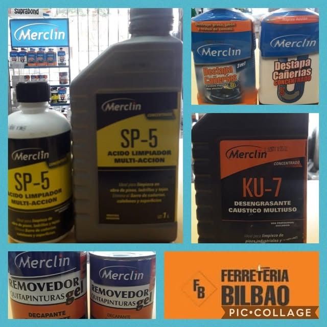 Surtido de productos químicos de limpieza Merlin en botellas y cajas, incluyendo SP-5, KU-7, removedores y cañeras Desatasca.