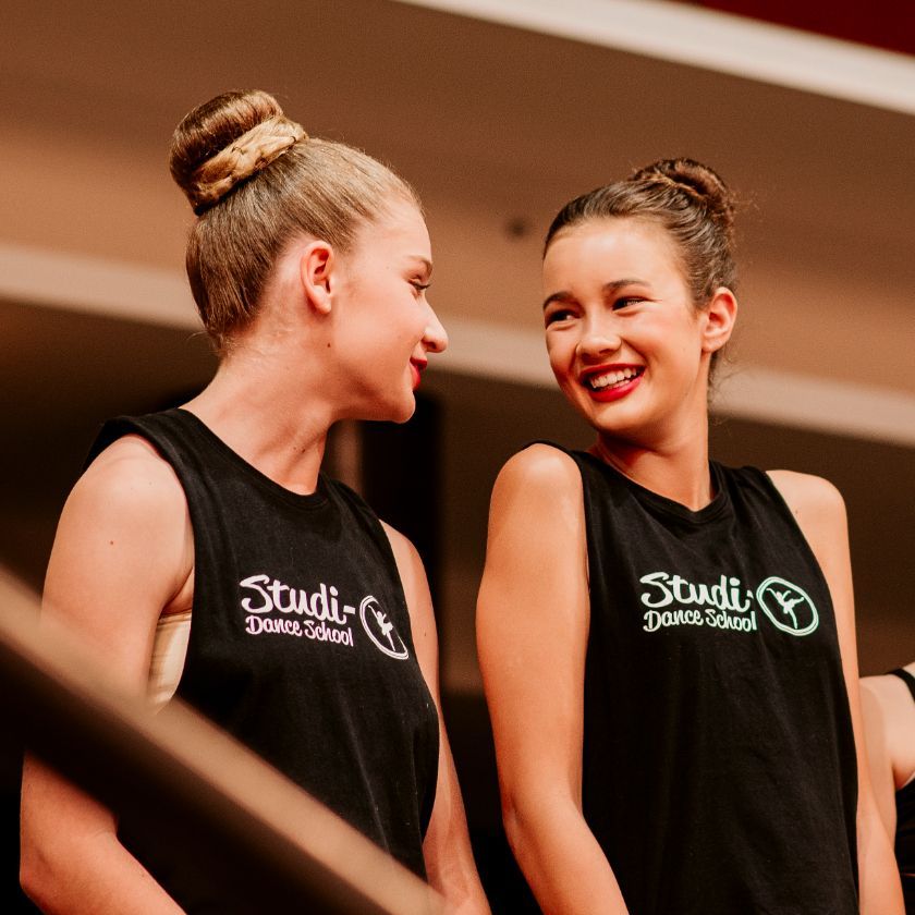 Two Girls Wearing Black Tank Tops That Say Studi-O Dance School — Studi-O Dance School In Gateshead, NSW