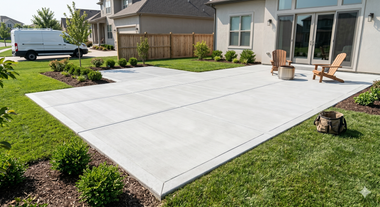 Freshly poured concrete patio in a backyard beside a house, with lawn and outdoor chairs.