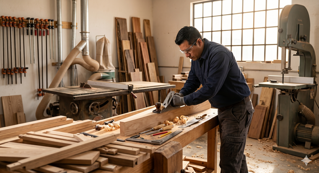 Woodworker shaping a long board in a sunlit workshop, surrounded by tools and stacked lumber