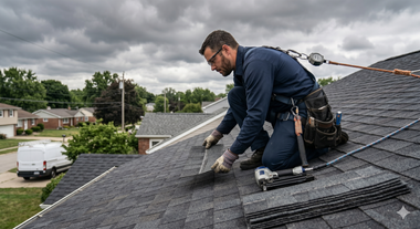 Roofing worker kneels on a shingled roof, installing dark gray shingles under cloudy skies.