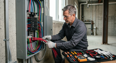 Technician wiring an electrical control panel beside a table of tools in an industrial setting