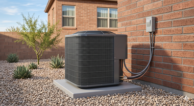 Outdoor AC unit beside a brick house, with electrical conduit and gravel landscaping.