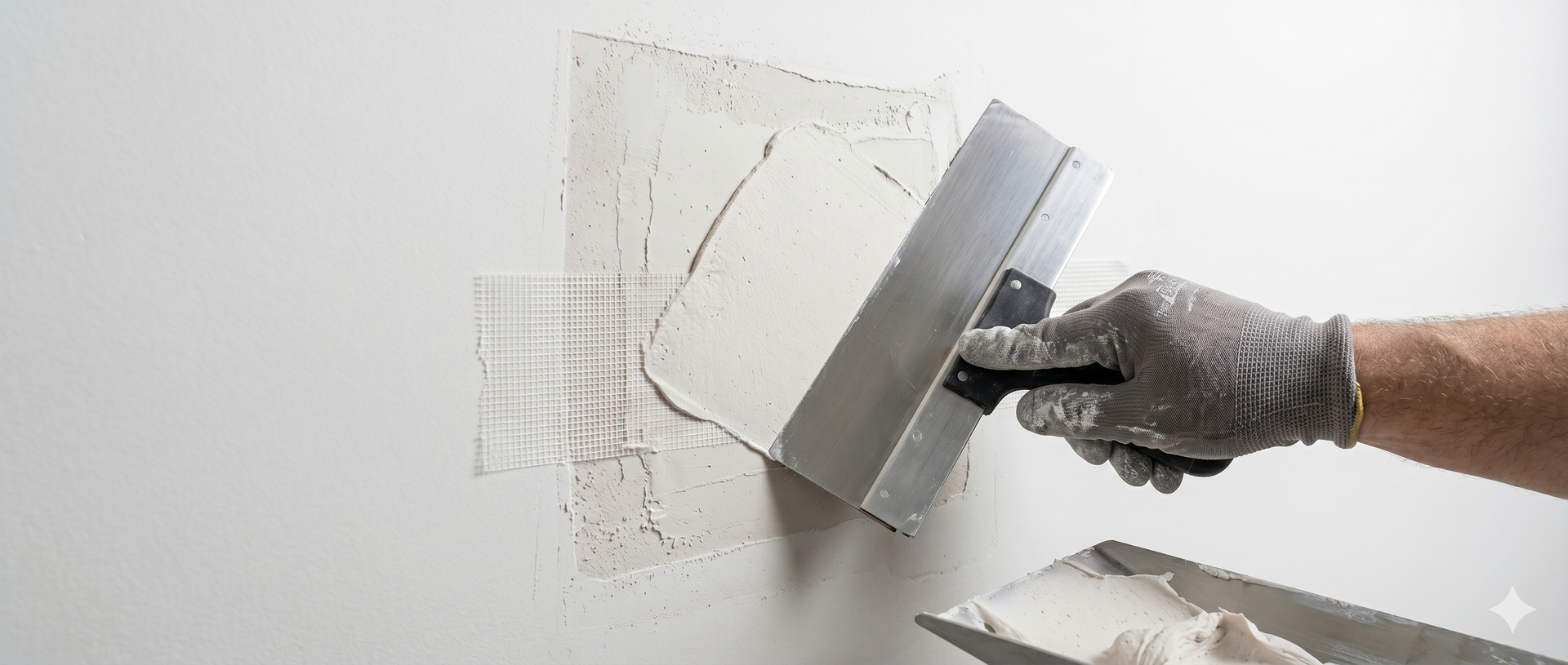 Gloved hand troweling gray plaster onto a white wall during repair work