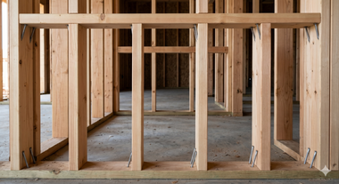 Wood-framed house interior under construction with exposed studs and concrete floor