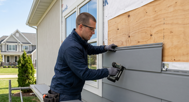 Person installing gray siding on a house exterior with a power tool.