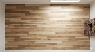 Empty room with light wood wall panels, white ceiling light, and a small patterned hanging on the right.