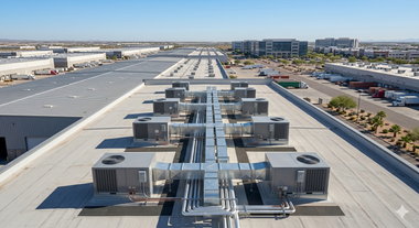 Rooftop HVAC units and ductwork on a large industrial building, viewed from above under clear daylight