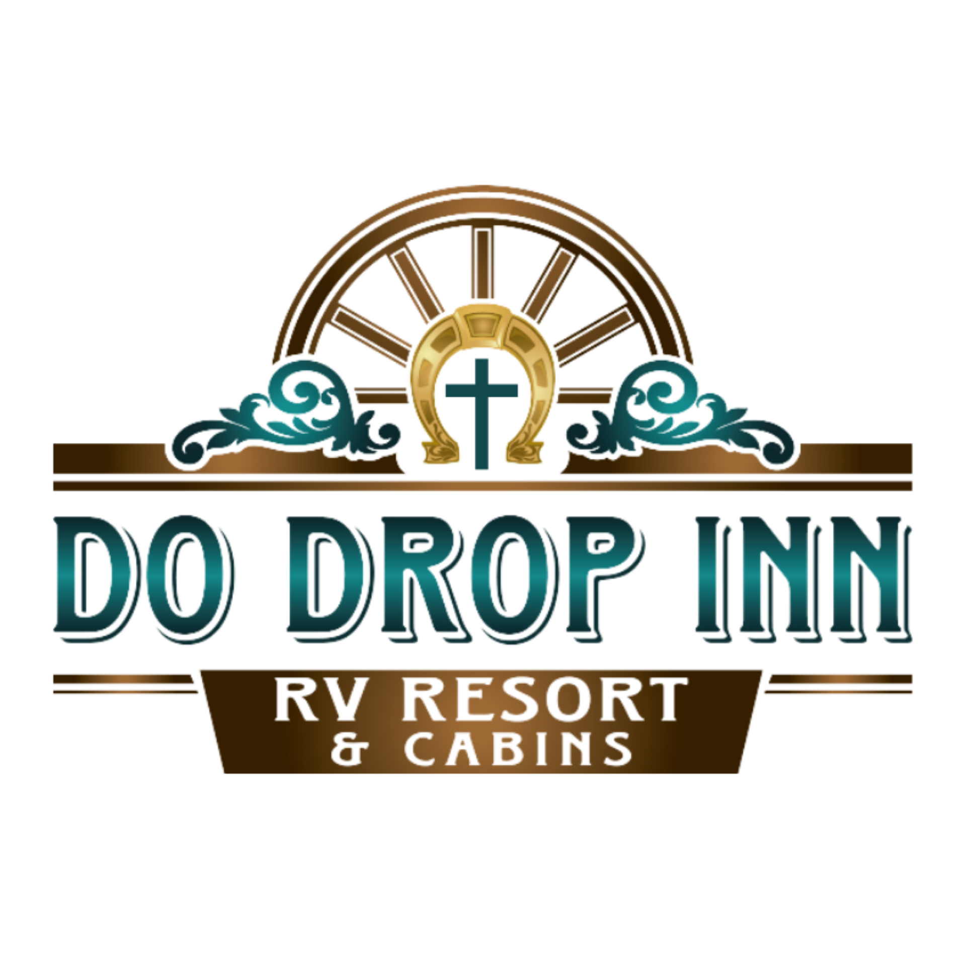 Do Drop Inn RV Resort & Cabins logo with brown, teal, and gold wagon wheel design