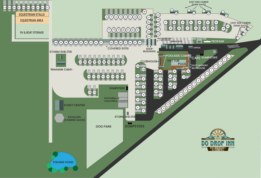 Cartoon overhead campground map with roads, lots, trees, and a lake on a pale green background