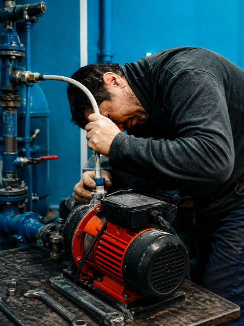 Technician inspecting a red pump in a blue industrial piping area