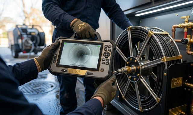 Worker inspects sewer pipe with a handheld monitor beside a spinning drain-cleaning machine
