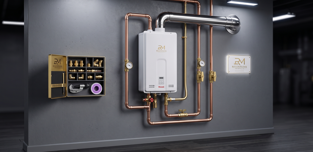 Copper pipes and a white boiler mounted on a dark wall with a small control panel beside it.