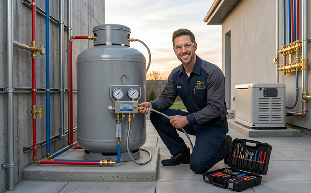 Technician using a digital meter to inspect yellow gas pipes in a utility room