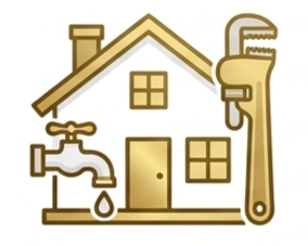 House with faucet and wrench plumbing repair icon in gold and beige