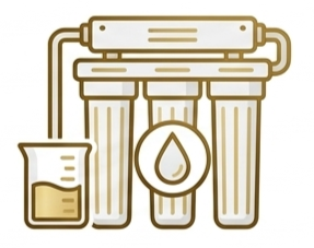 Water filtration system with clear beakers and a central drop icon in gold outlines