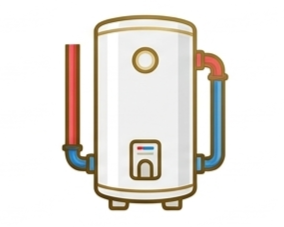 Illustration of a white water heater with red and blue pipes on both sides.