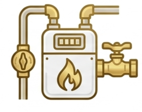 Gold gas meter with pipes, valve, and flame icon