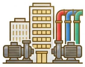Industrial factory with buildings, pipes, and machinery in beige, gray, red, blue, and green