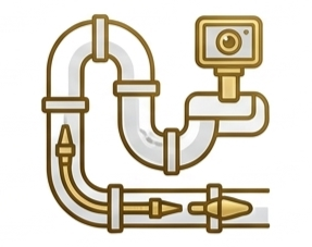 Gold outline of a bent pipe with valves and a small camera on a white background