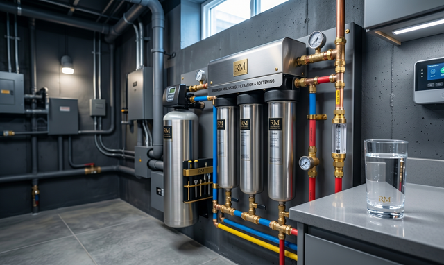Industrial water filtration system with stainless tanks, pipes, control panel, and a glass of water on a counter