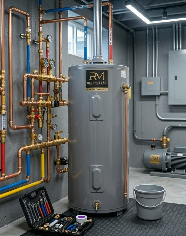 Utility room with gray water heater, copper pipes, gauges, and a toolbox on the floor