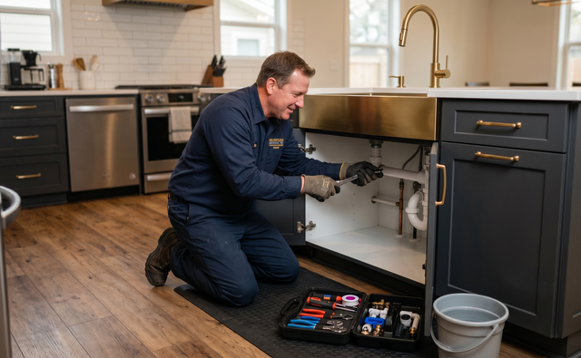 Plumber kneels under a kitchen sink, repairing pipes with tools spread on the floor.