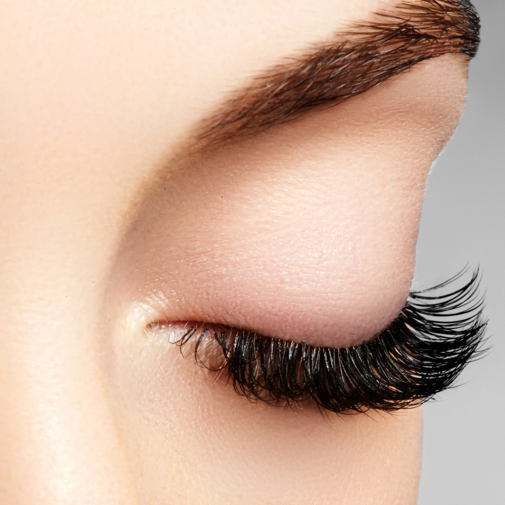 Close-up of a closed eye with long black eyelashes and a shaped eyebrow