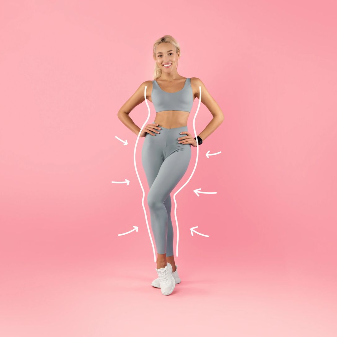 Person in gray workout clothes posing against a pink background with white arrows highlighting body shape