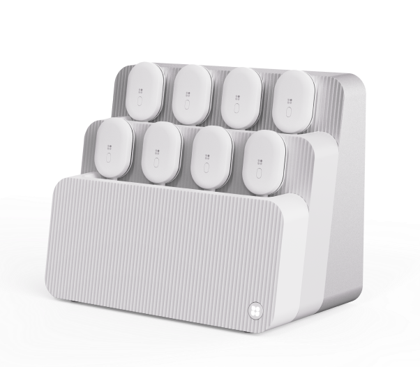 Compact white modular organizer with eight rounded compartments