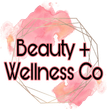 Pink watercolor logo with gold geometric ring and text “Beauty + Wellness Co”
