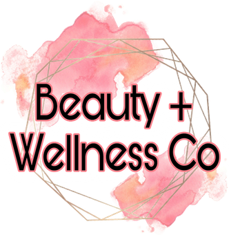 Beauty + Wellness Co logo with pink watercolor background and geometric gold circle line art