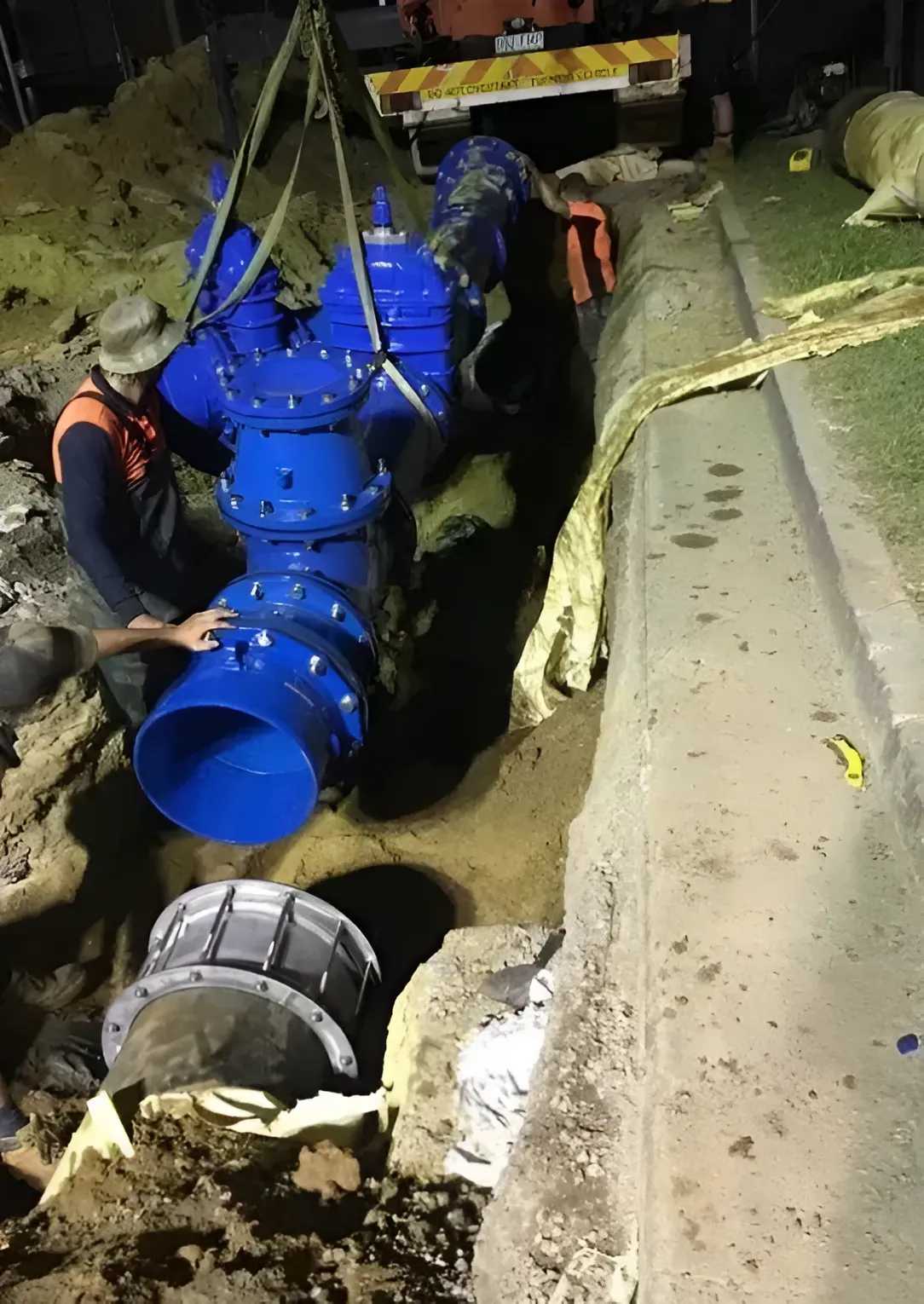 Worker Installing Large Blue Water Pipe in a Trench Next to a Curb — Far North Plumbing in Mourilyan, QLD