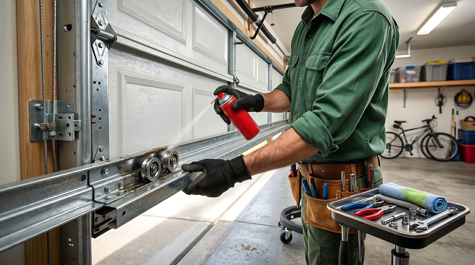 Technician in black gloves sprays lubricant onto garage door track and roller during service call. Technician in black gloves sprays lubricant onto garage door track and roller during service call.