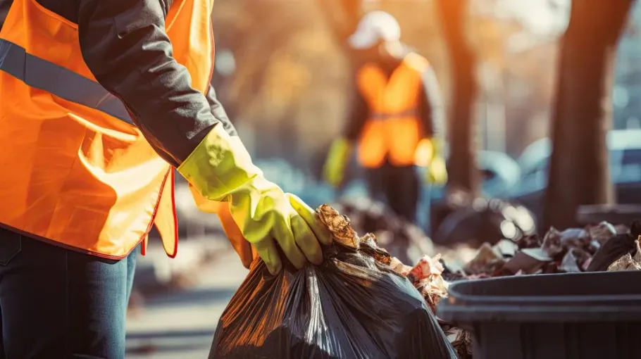 Worker in orange safety vest and yellow gloves collecting trash bags outdoors in a park or street cleanup.
