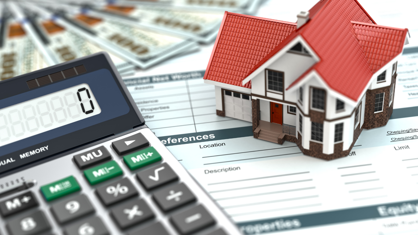 Calculator next to toy house, cash, and document; illustrating real estate finances.