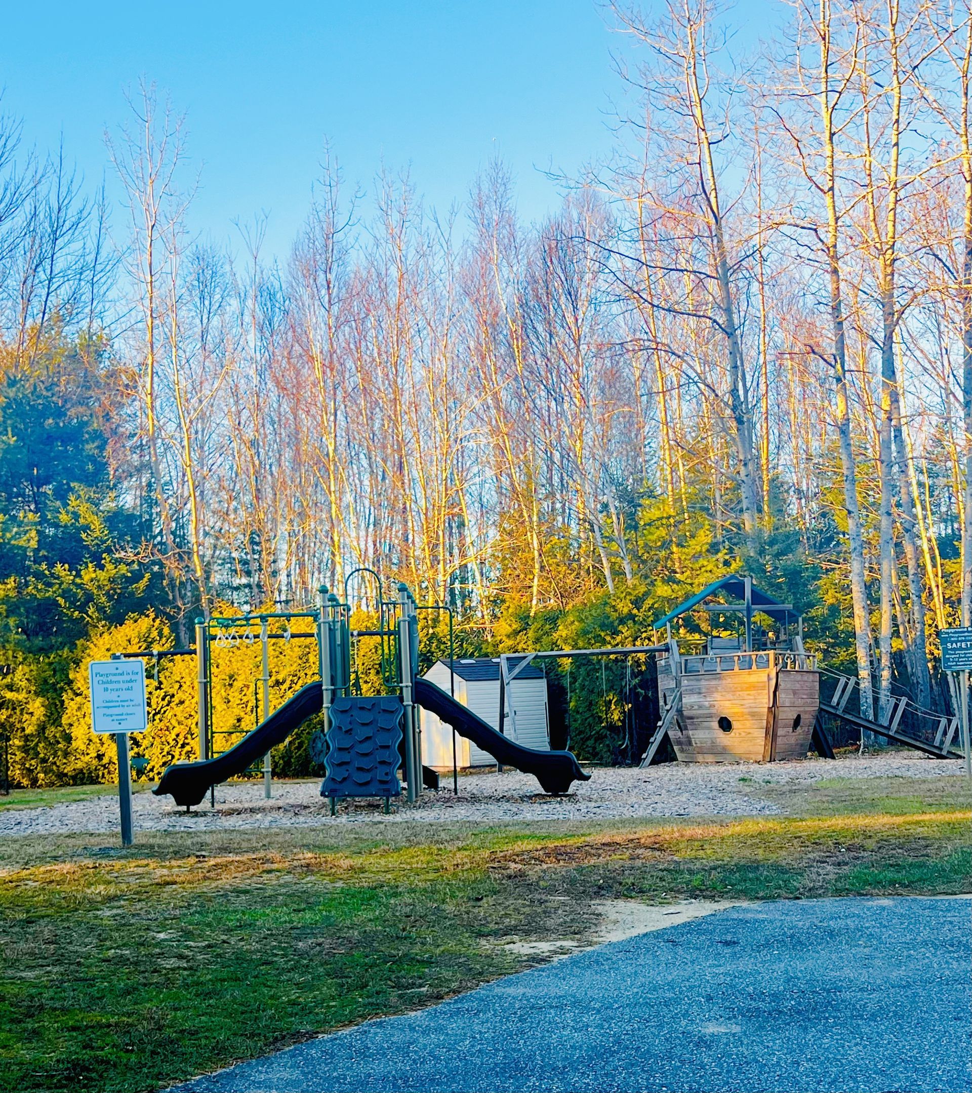 Outdoor playground with slides and climbing structures among autumn trees