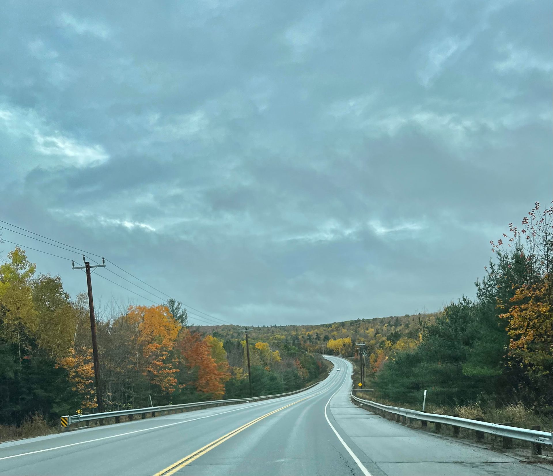 Curving rural road through autumn trees under a cloudy sky