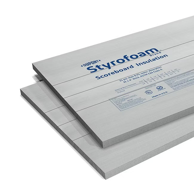 Two gray DuPont Styrofoam Scoreboard Insulation panels.