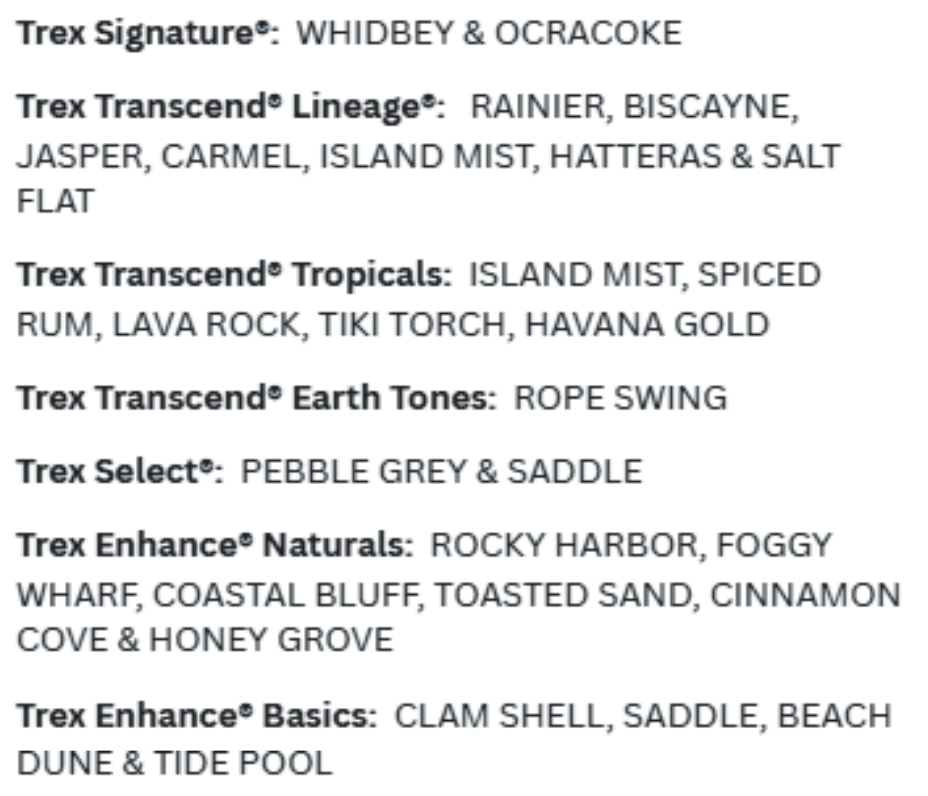 List of Trex composite decking lines and colors, including Transcend, Select, and Enhance.