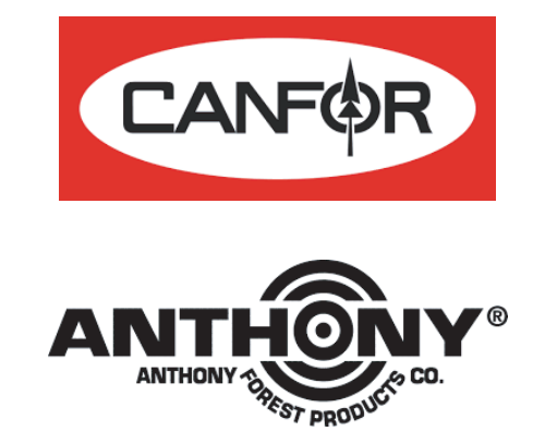 Logos for CANFOR (red oval) and Anthony Forest Products Co. (black circle).