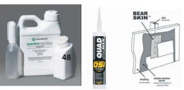Three images: liquid containers, a tube of sealant, and a diagram of a