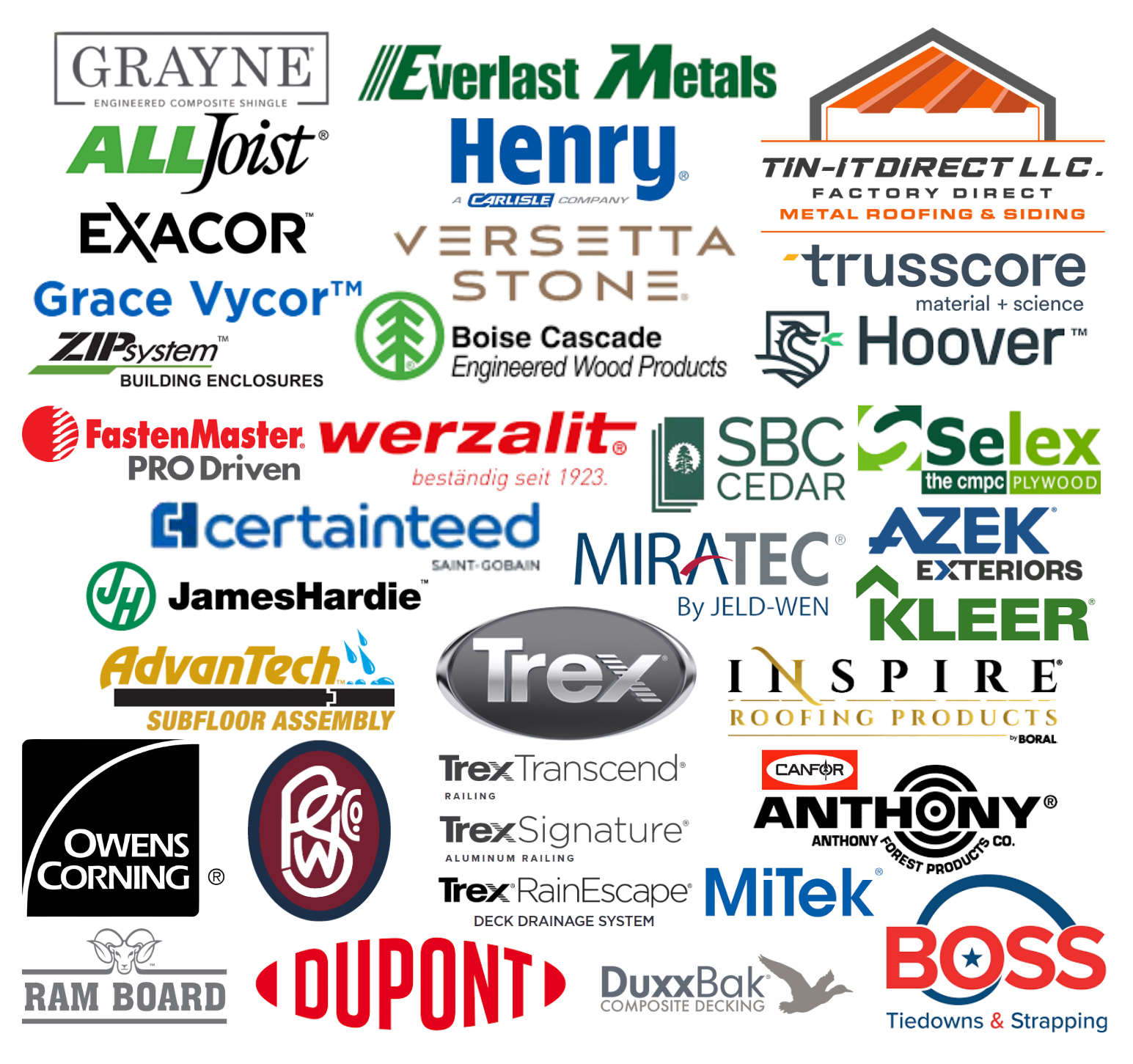 Logos of various building product brands including Trex, James Hardie, and Owens Corning.
