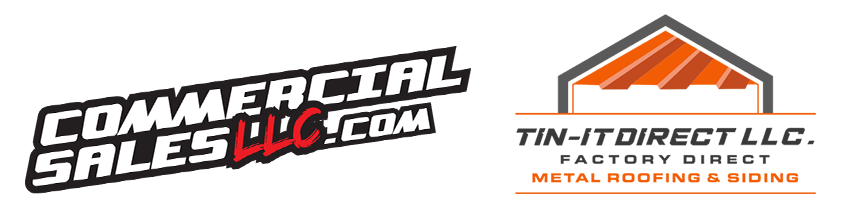 Logos for Commercial Sales LLC and Tin-It Direct LLC, metal roofing and siding.