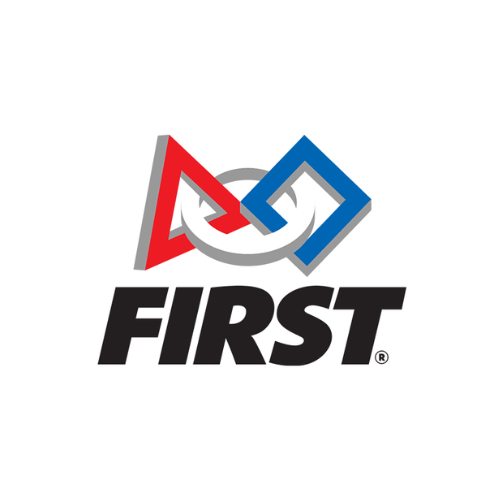 FIRST logo: Red triangle and blue square overlapping, connected by a gray circle, with 