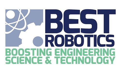 Logo for BEST Robotics: Blue gear and atom icon with text