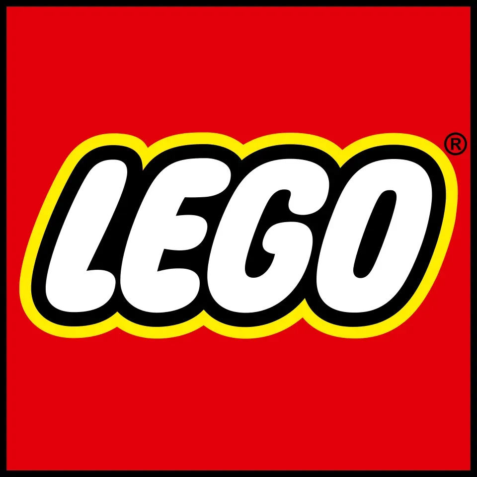 LEGO logo on a red square background, with white letters outlined in black and yellow