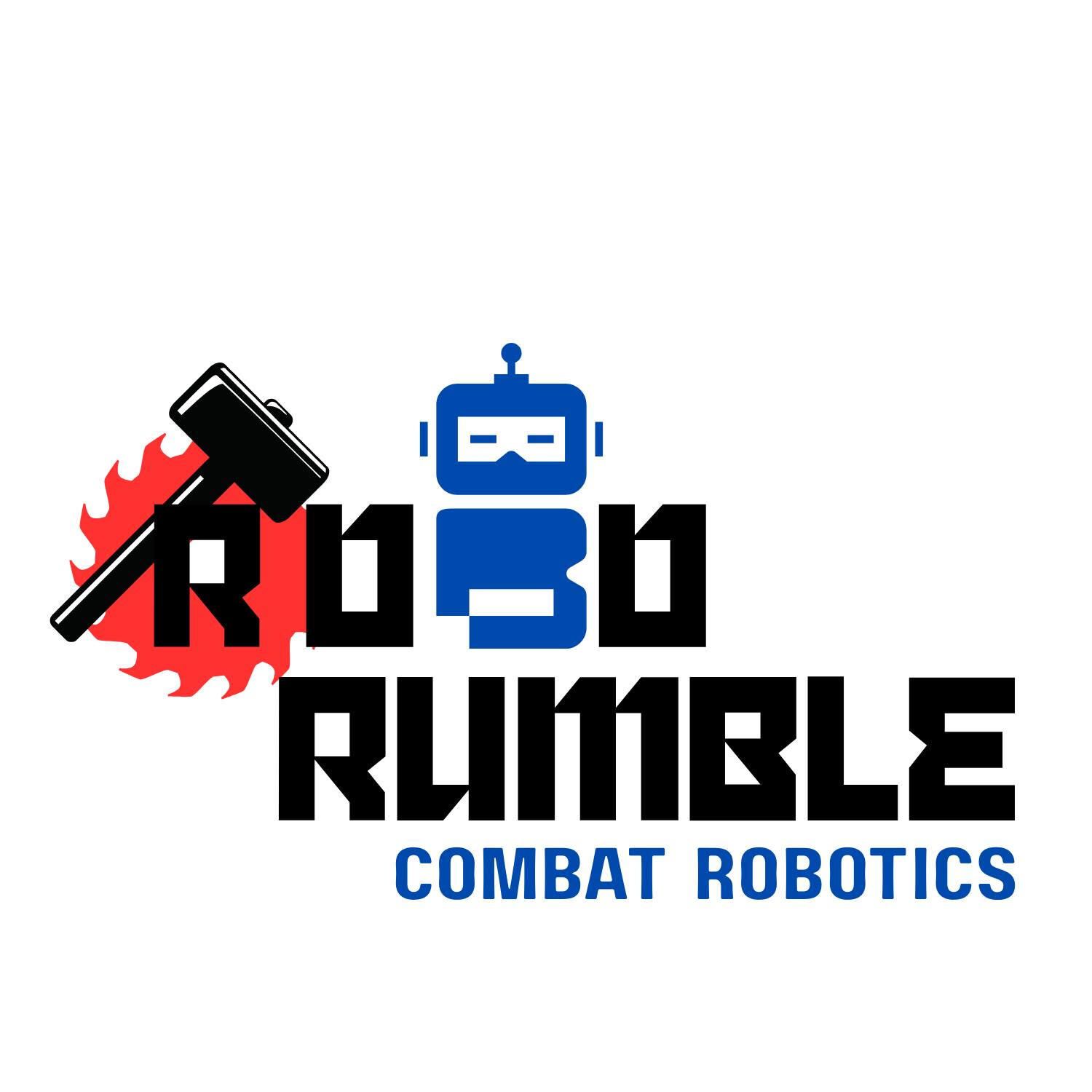 Robo Rumble logo with blue robot head, red hammer, and bold black text reading “RUMBLE Combat Robotics”